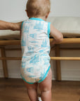 Blue Toile Bamboo Henley Onesie with Snaps