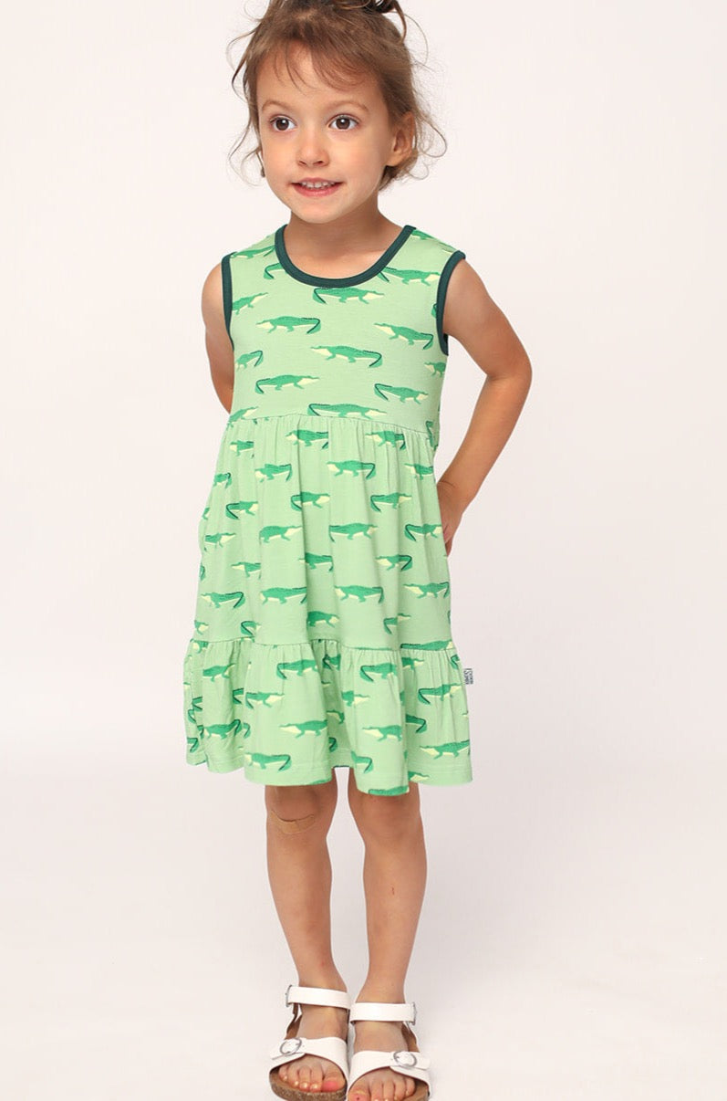 Light Green Alligator Bamboo Tiered Twirl Dress - with Pockets Light Green Alligator Bamboo Tiered Twirl Dress - with Pockets