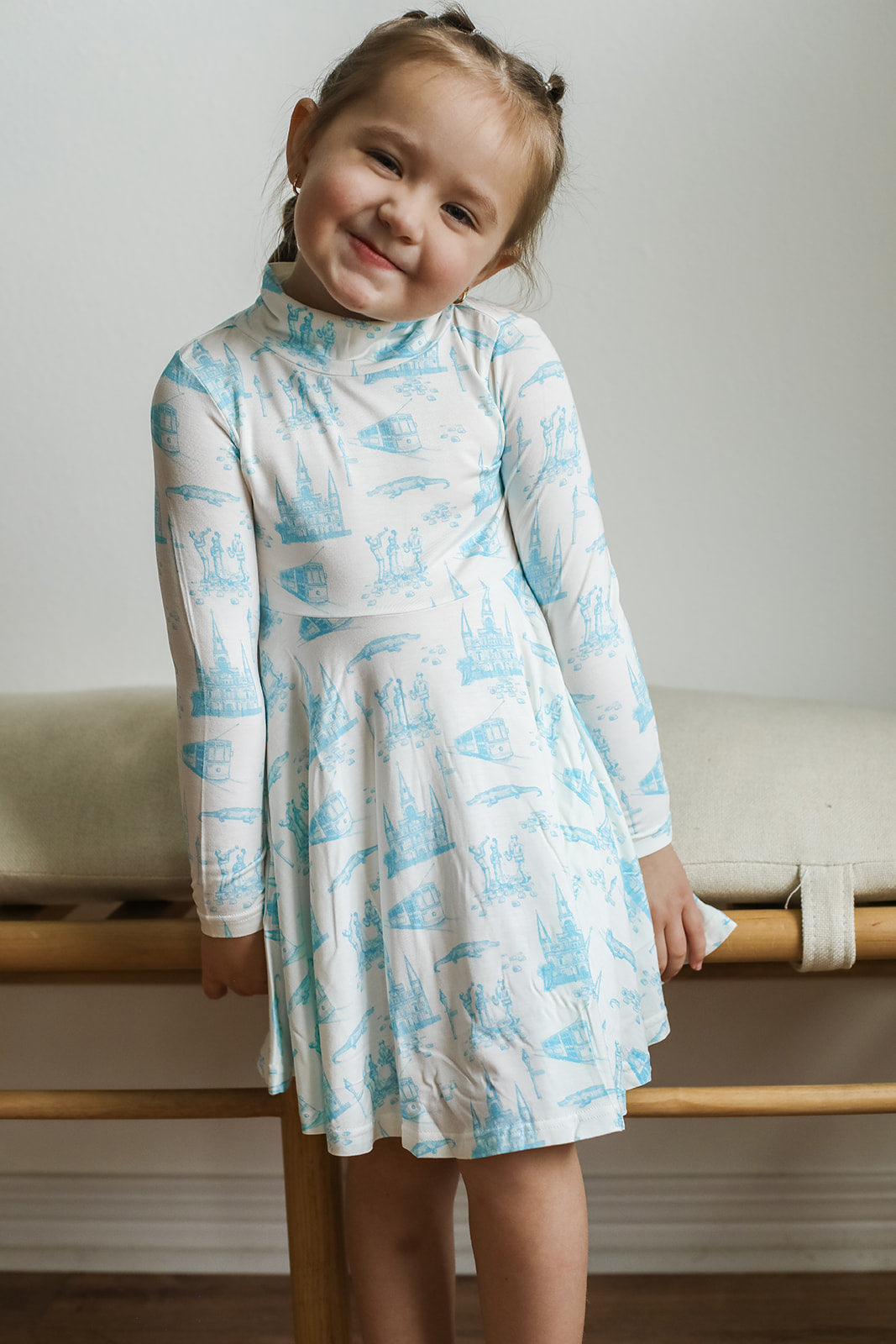 Blue Toile Bamboo Turtleneck Twirl Dress | Southern Slumber Blue Toile Bamboo Turtleneck Twirl Dress | Southern Slumber