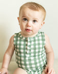 Green Gingham Bamboo Henley Onesie with Snaps