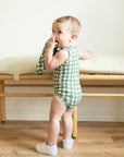 Green Gingham Bamboo Henley Onesie with Snaps