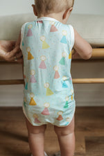 Load image into Gallery viewer, Blue Birthday Print Bamboo Henley Onesie with Snaps

