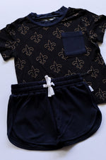 Load image into Gallery viewer, Fleur de lis Bamboo Varsity Short Set - T-shirt &amp; Shorts
