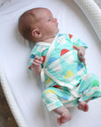 Blue Snowball Bamboo Kimono Onesie with Snaps