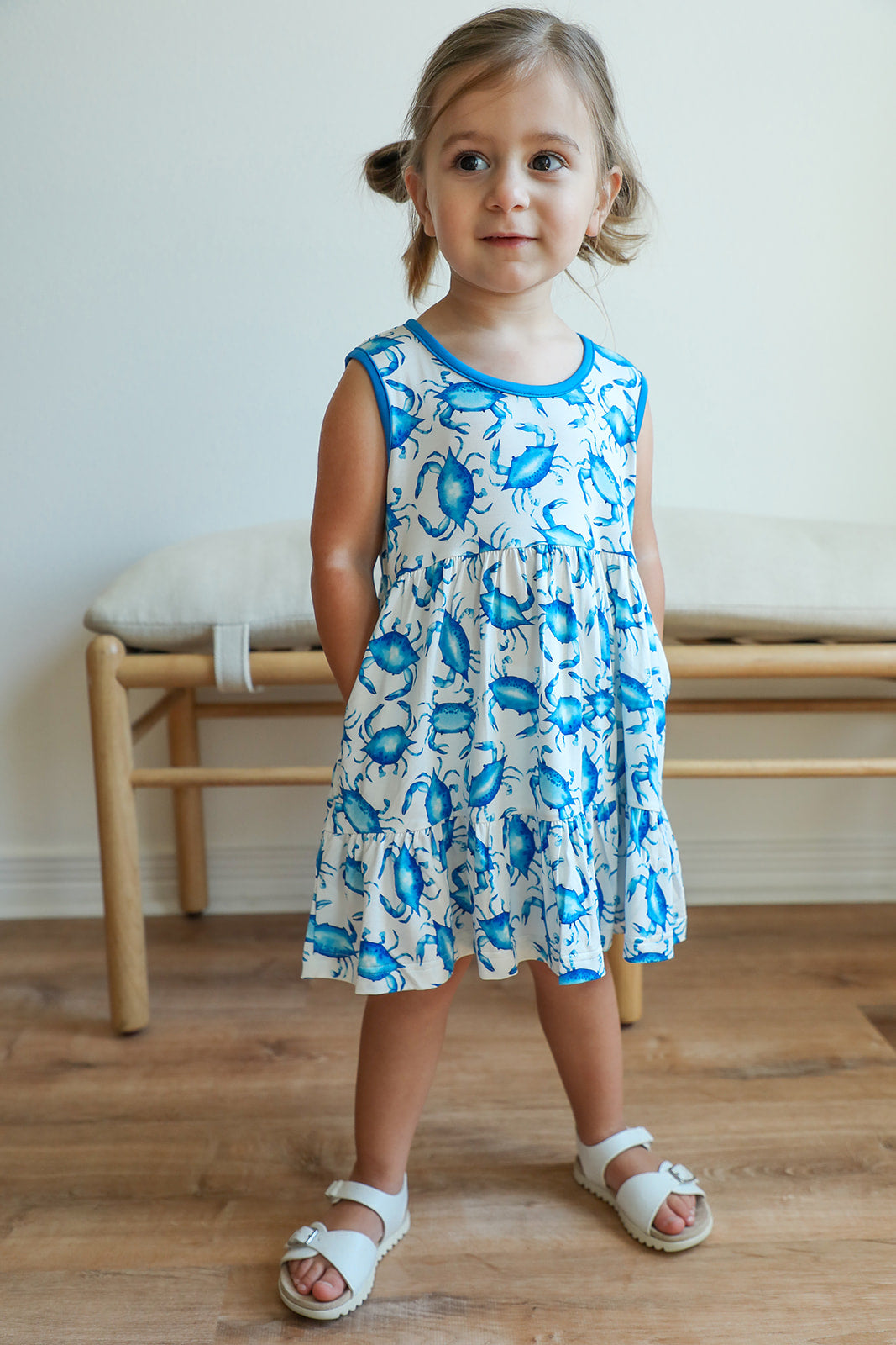 Blue Crab Bamboo Tiered Twirl Dress - with Pockets