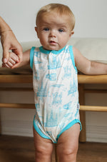 Load image into Gallery viewer, Blue Toile Bamboo Henley Onesie with Snaps
