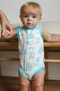 Blue Toile Bamboo Henley Onesie with Snaps