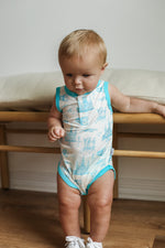 Load image into Gallery viewer, Blue Toile Bamboo Henley Onesie with Snaps
