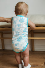 Load image into Gallery viewer, Blue Toile Bamboo Henley Onesie with Snaps
