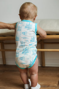 Blue Toile Bamboo Henley Onesie with Snaps