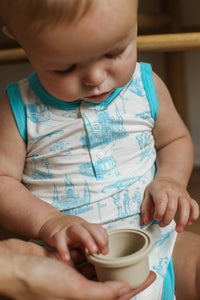 Blue Toile Bamboo Henley Onesie with Snaps