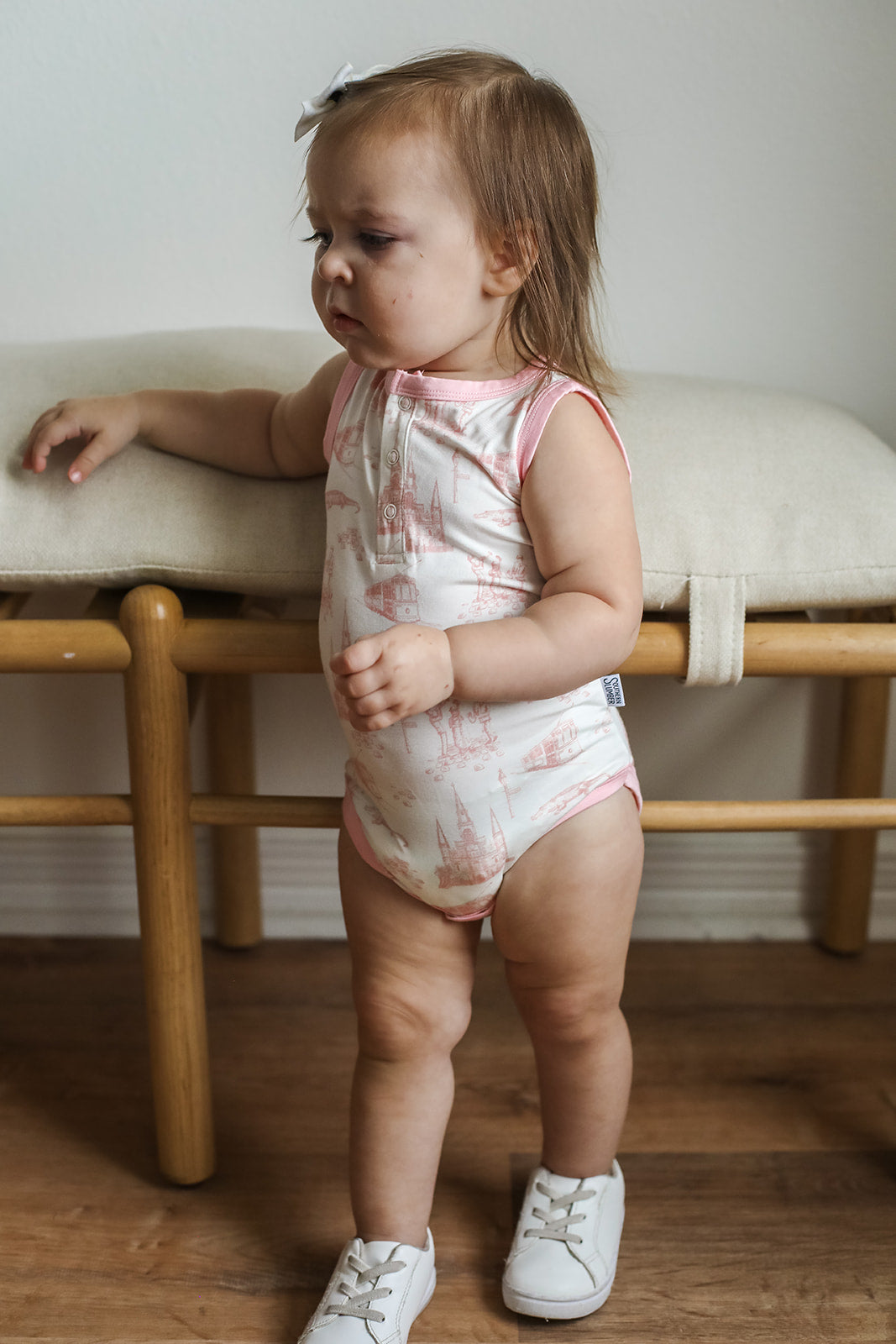 Pink Toile Bamboo Henley Onesie with Snaps