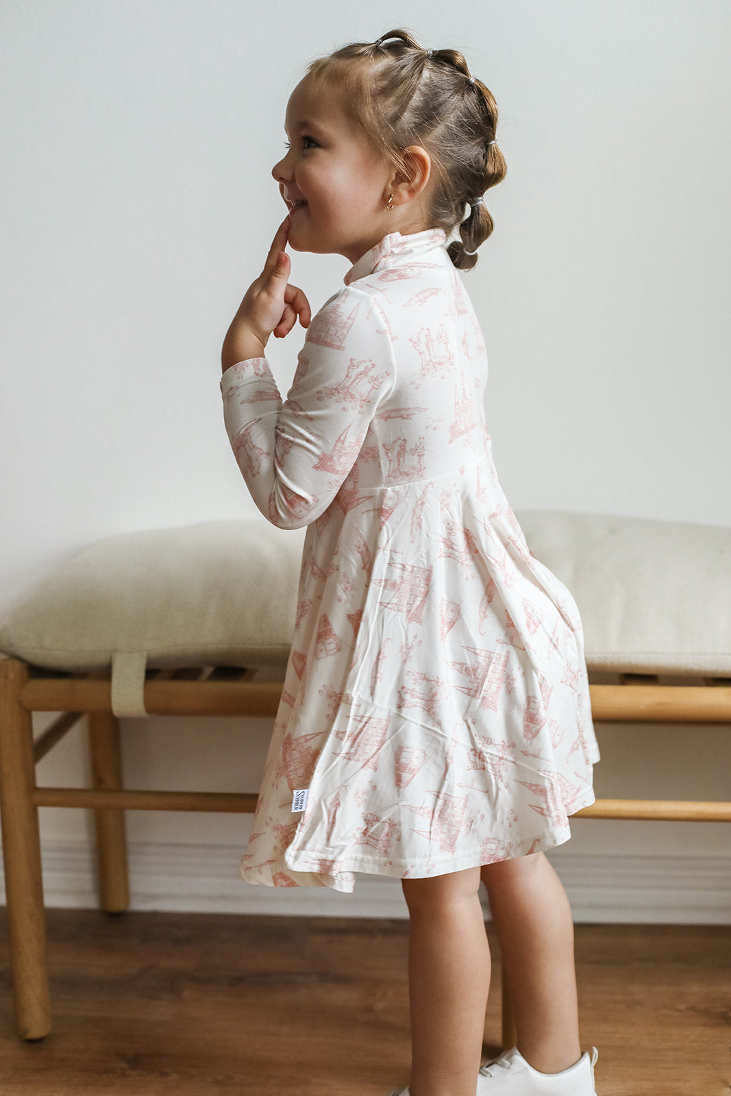 Pink Toile Bamboo Turtleneck Twirl Dress