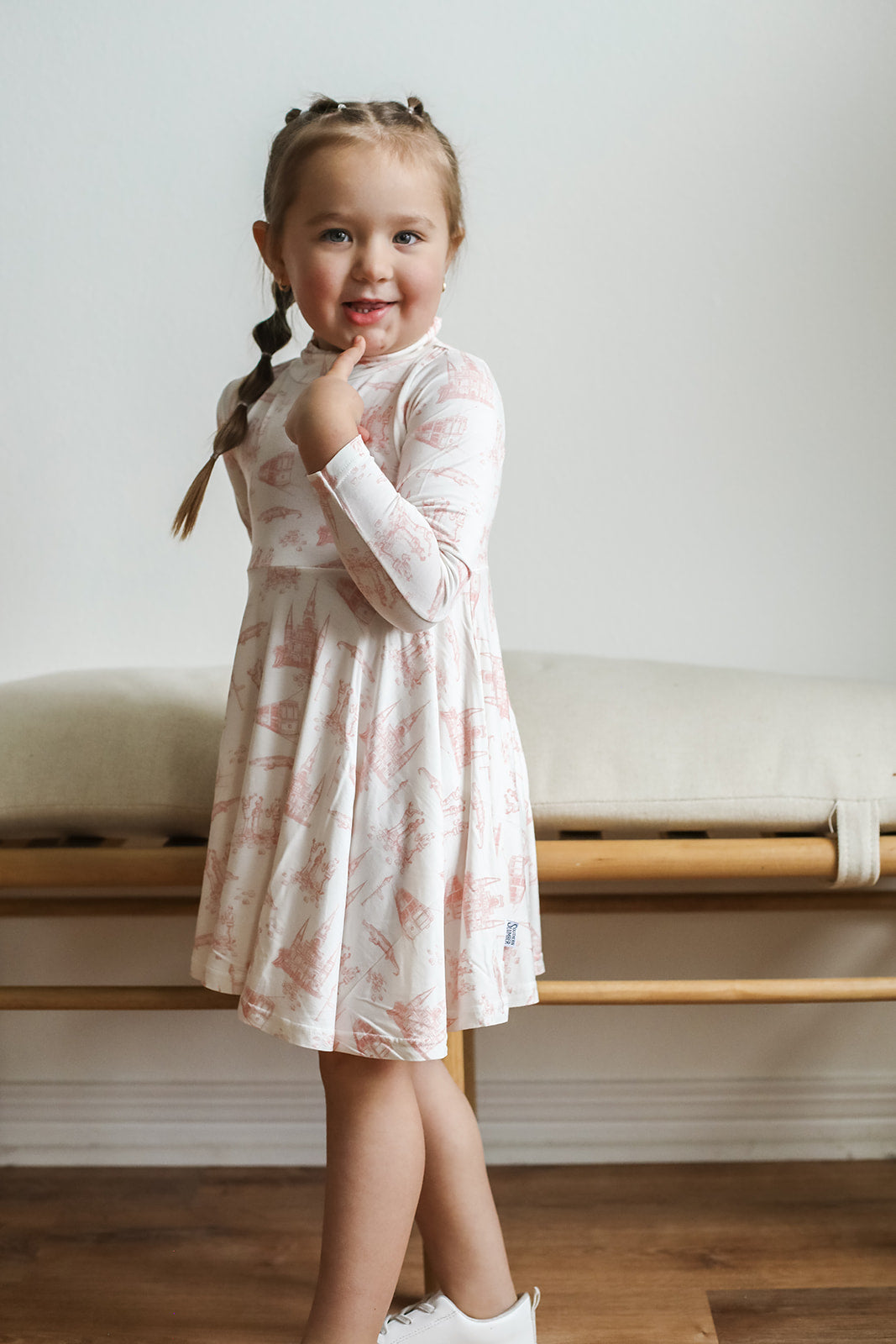 Pink Toile Bamboo Turtleneck Twirl Dress