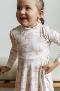 Pink Toile Bamboo Turtleneck Twirl Dress