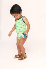 Load image into Gallery viewer, Light Green Alligator Bamboo Henley Onesie with Snaps
