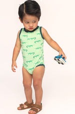 Load image into Gallery viewer, Light Green Alligator Bamboo Henley Onesie with Snaps
