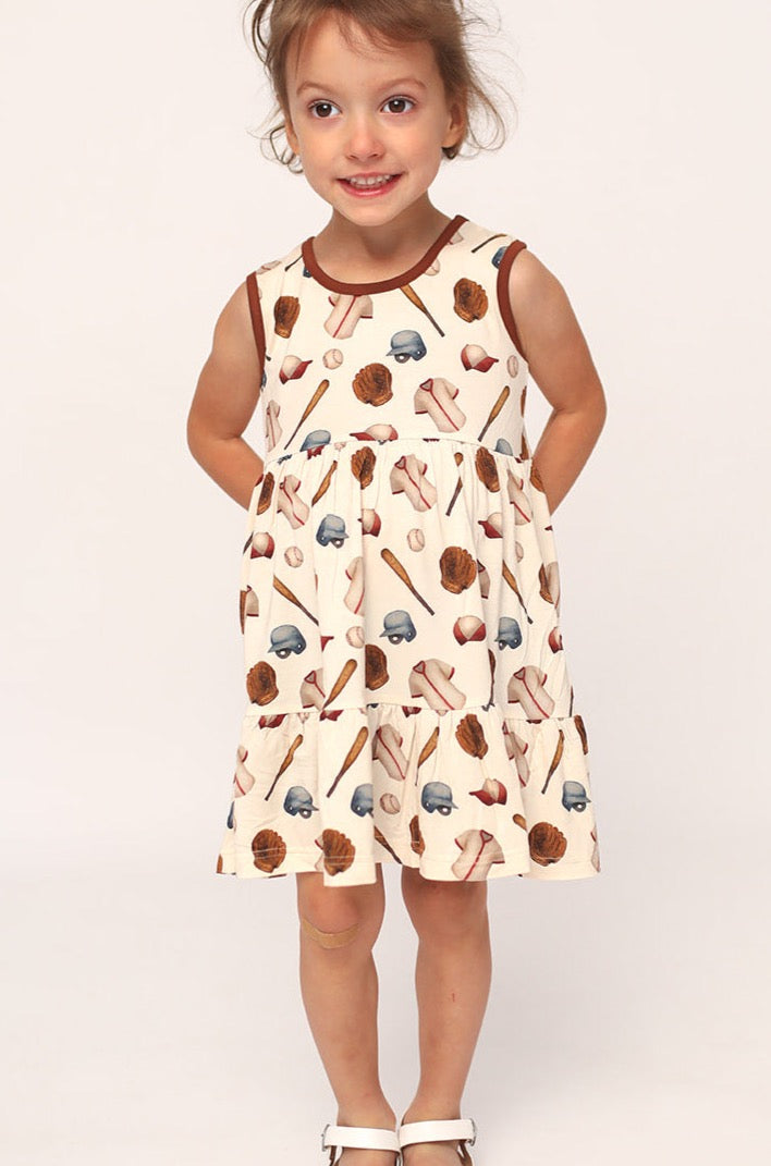 Baseball Bamboo Tiered Twirl Dress - with Pockets