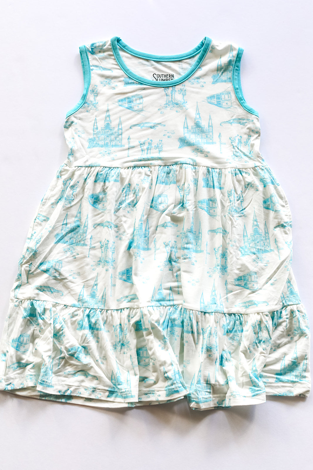 Blue Toile Bamboo Tiered Twirl Dress - with Pockets