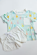 Load image into Gallery viewer, Blue Birthday Print Bamboo Varsity Short Set - T-shirt &amp; Shorts
