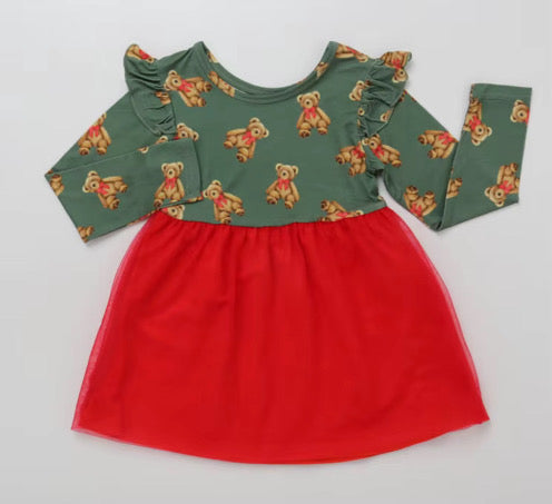 Holiday Teddy Tulle Bamboo Long Sleeve Twirl Dress