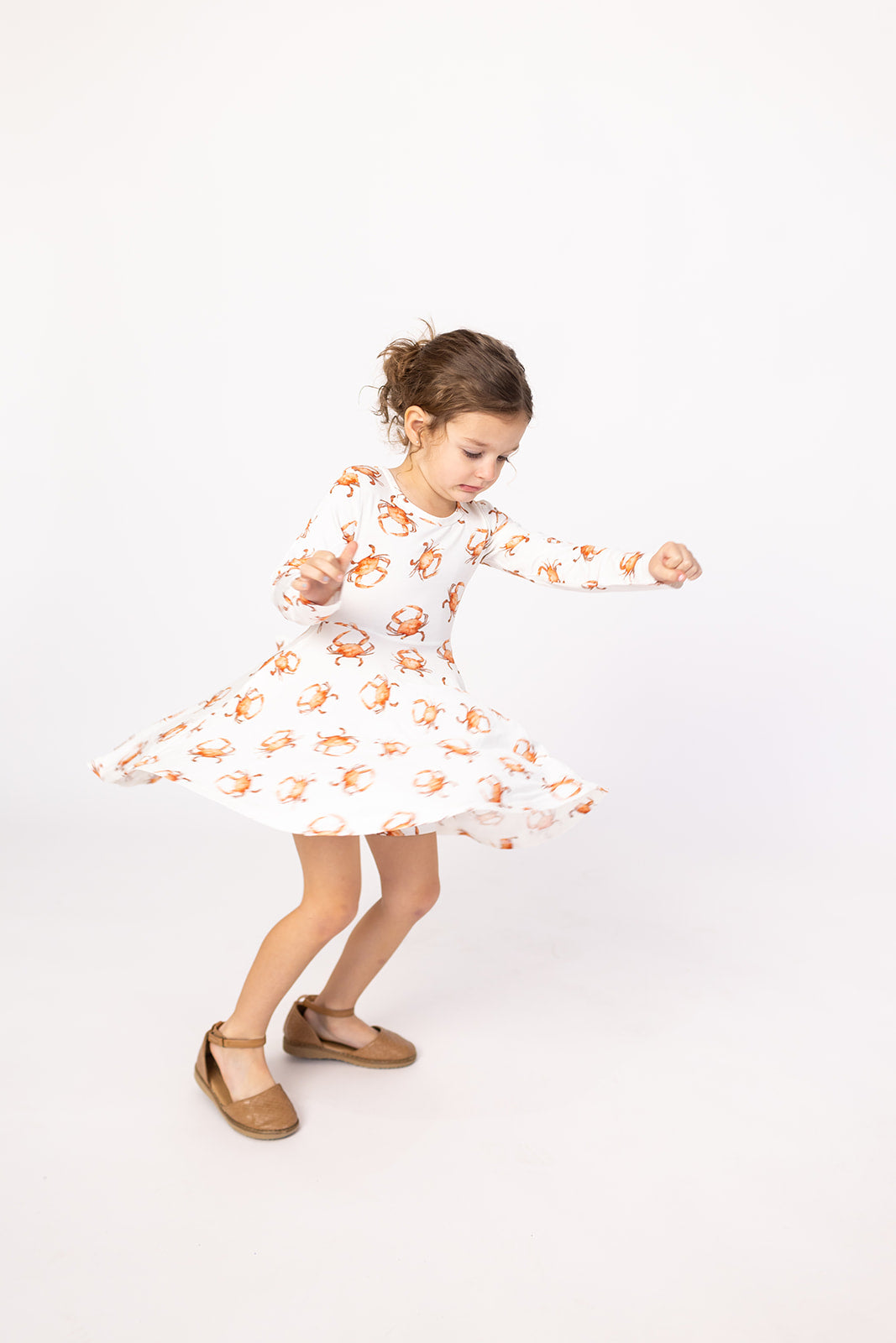 Orange Crab Bamboo Long Sleeve Twirl Dress