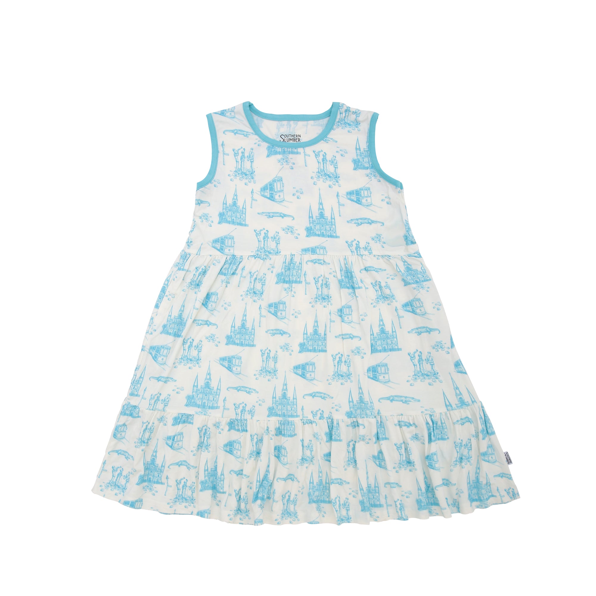 Blue Toile Bamboo Tiered Twirl Dress - with Pockets