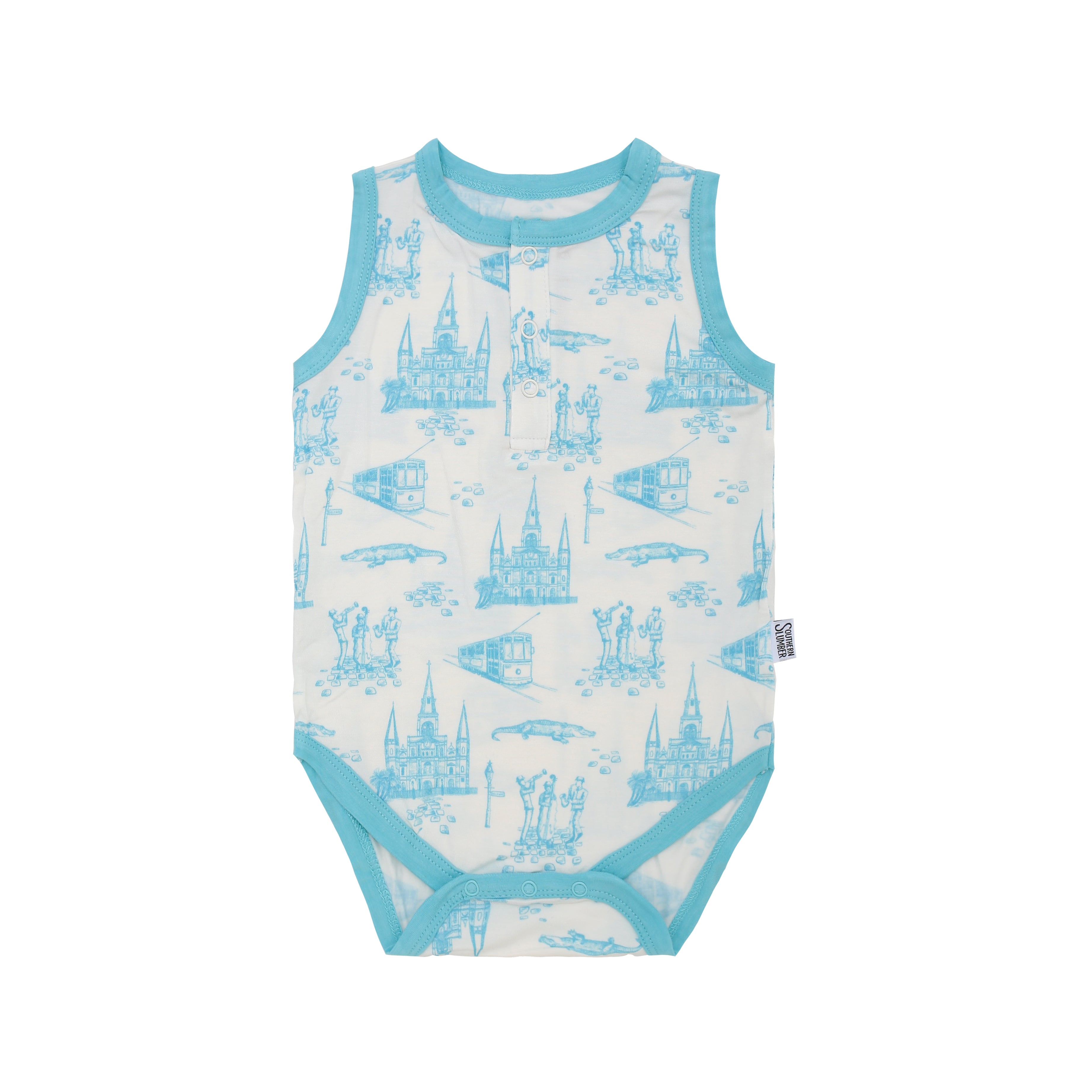 Blue Toile Bamboo Henley Onesie with Snaps