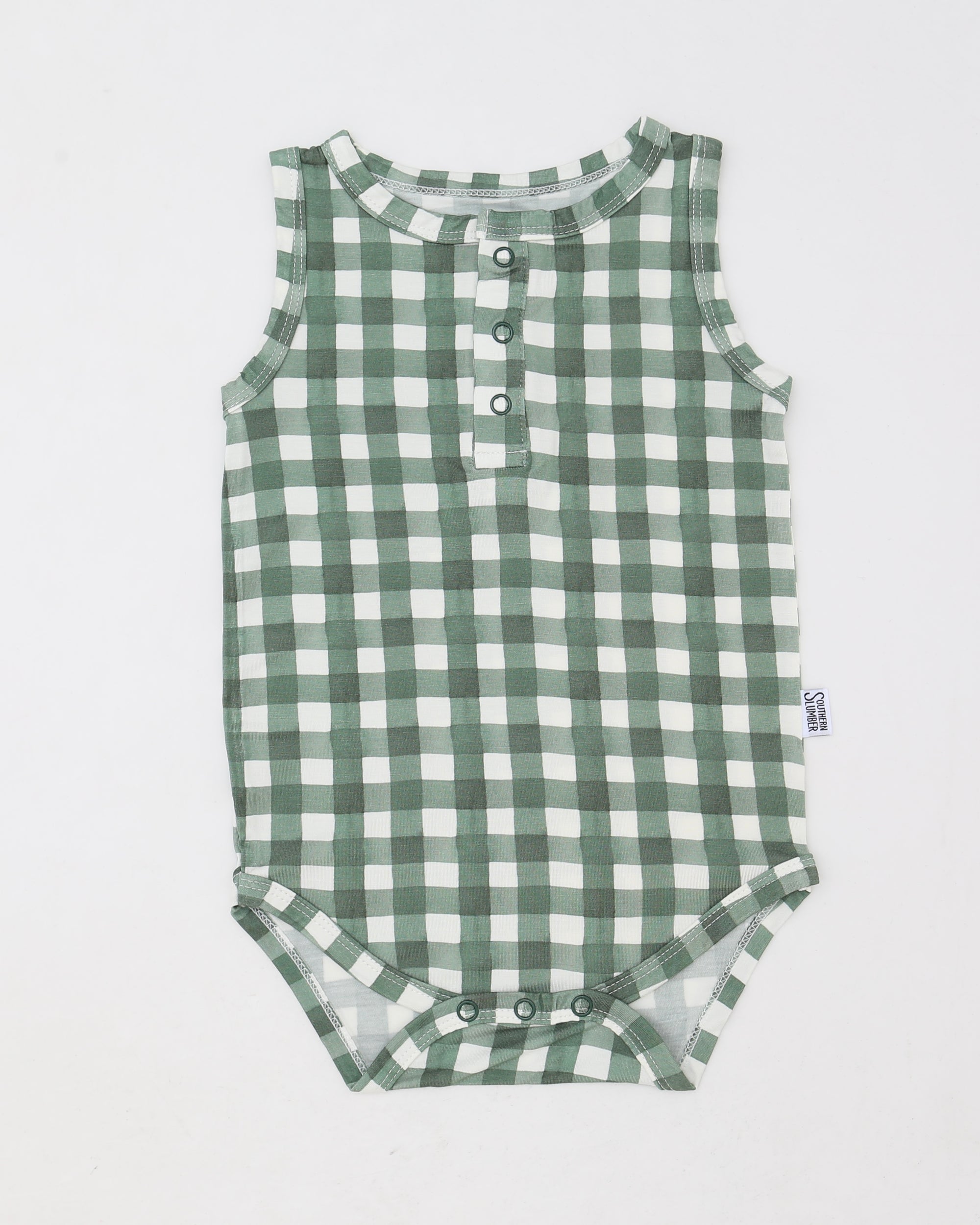 Green Gingham Bamboo Henley Onesie with Snaps