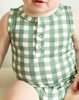 Green Gingham Bamboo Henley Onesie with Snaps