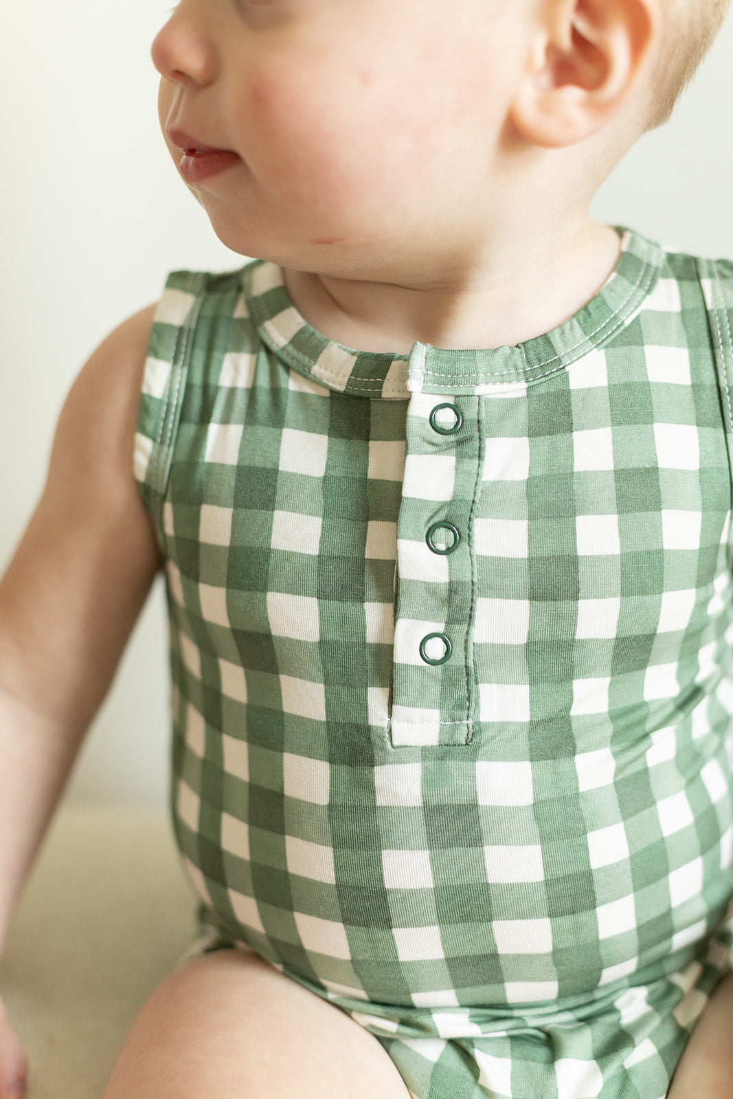 Green Gingham Bamboo Henley Onesie with Snaps
