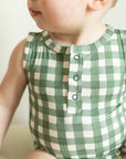 Green Gingham Bamboo Henley Onesie with Snaps