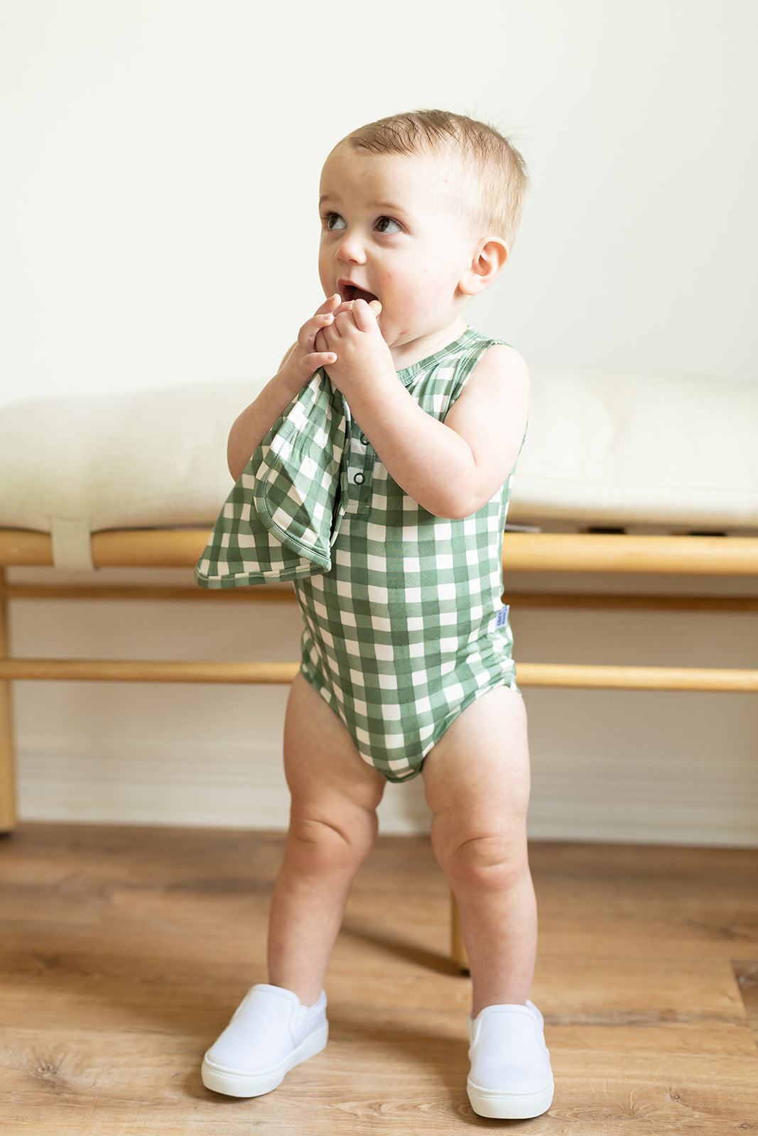 Green Gingham Bamboo Henley Onesie with Snaps