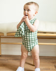 Green Gingham Bamboo Henley Onesie with Snaps