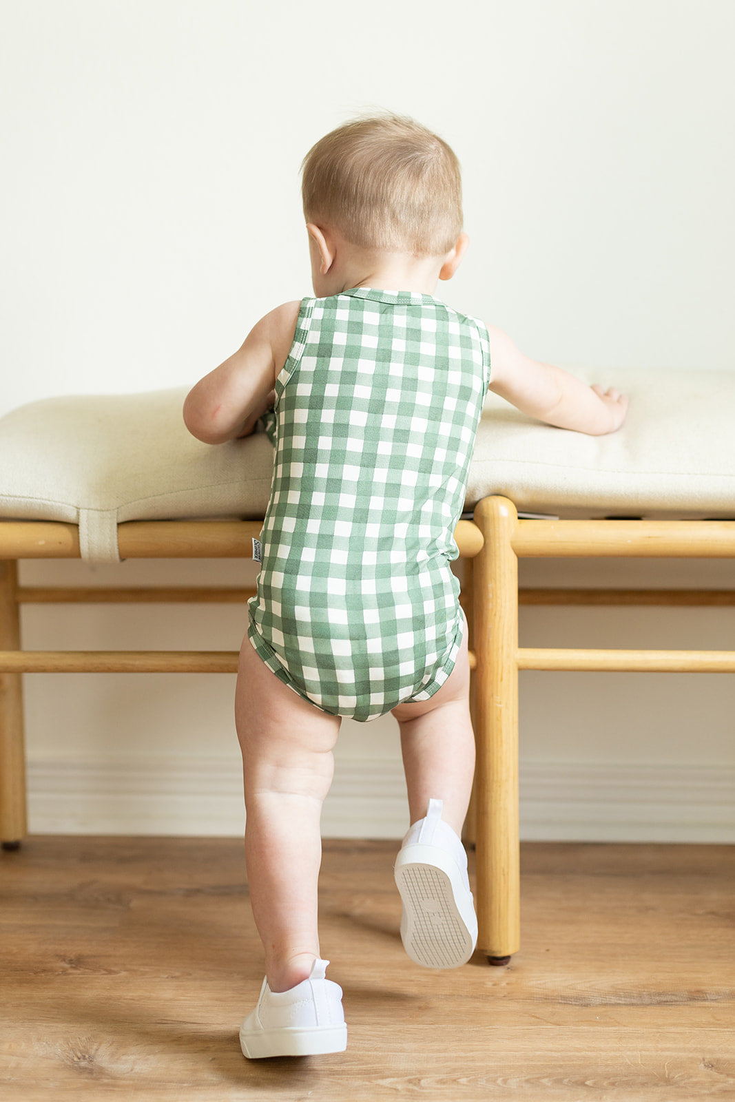 Green Gingham Bamboo Henley Onesie with Snaps
