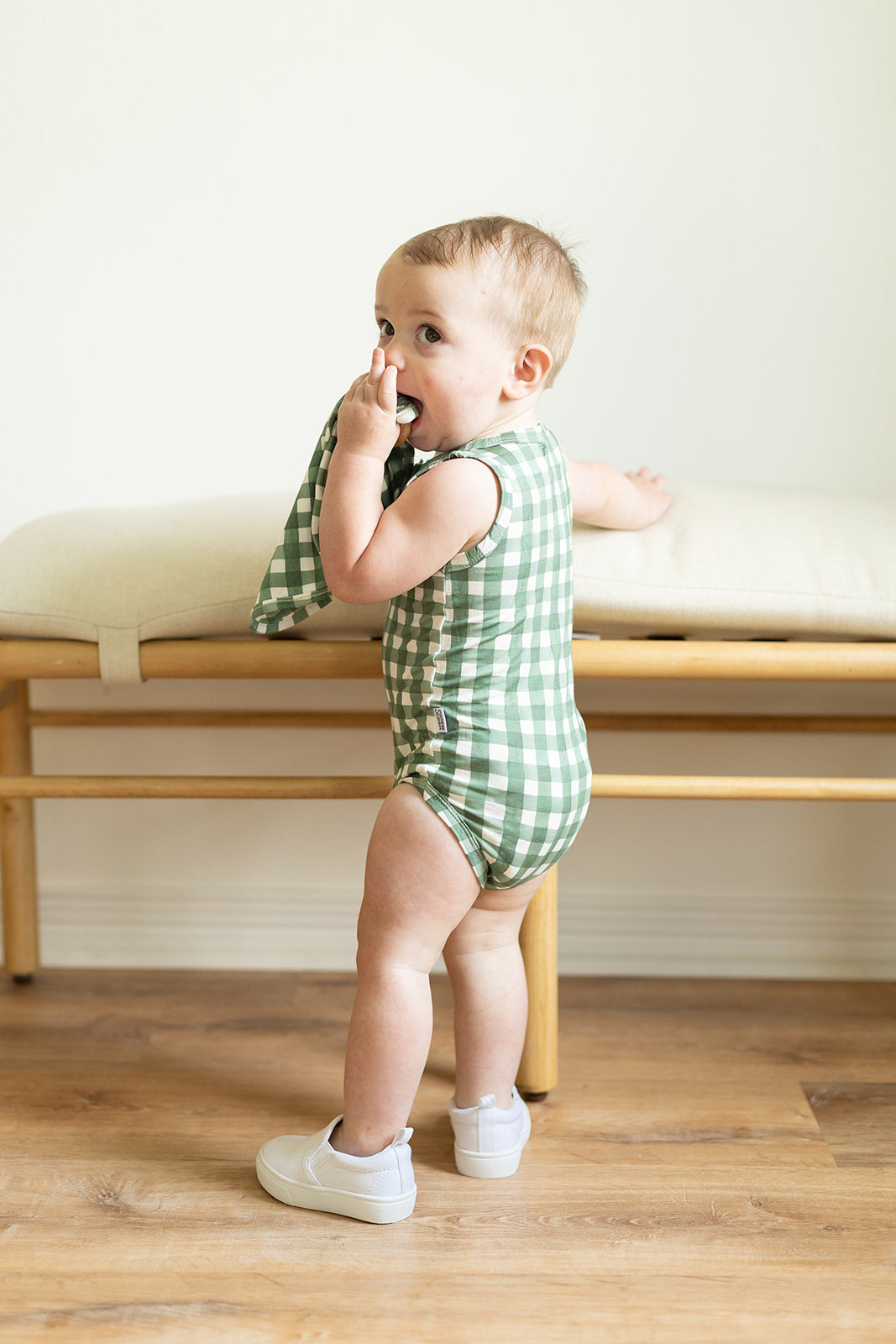 Green Gingham Bamboo Henley Onesie with Snaps