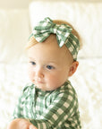 Green Gingham Bamboo Bow Headband