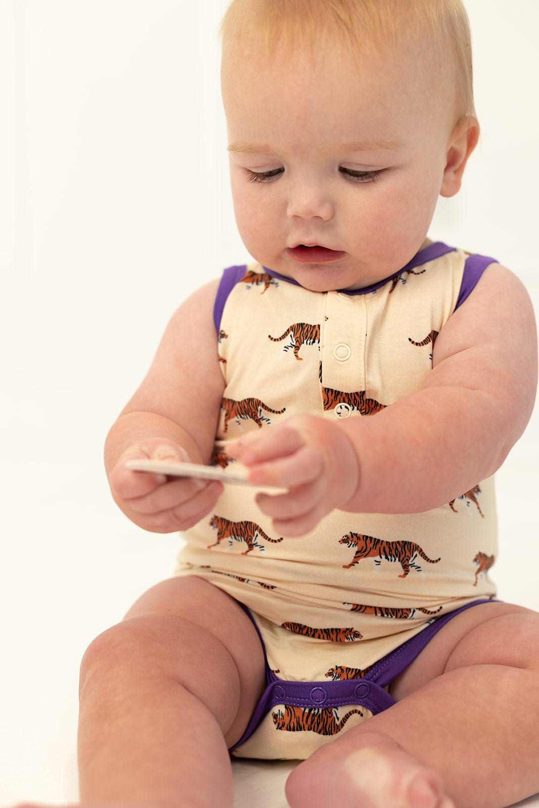 Purple Tiger Bamboo Henley Onesie with Snaps