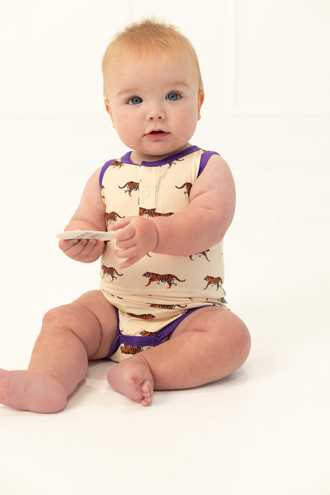 Purple Tiger Bamboo Henley Onesie with Snaps