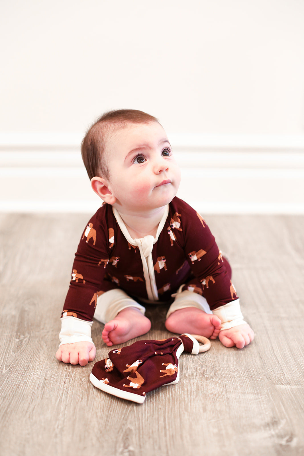 Maroon Bulldog Bamboo Lovie with Wooden Ring