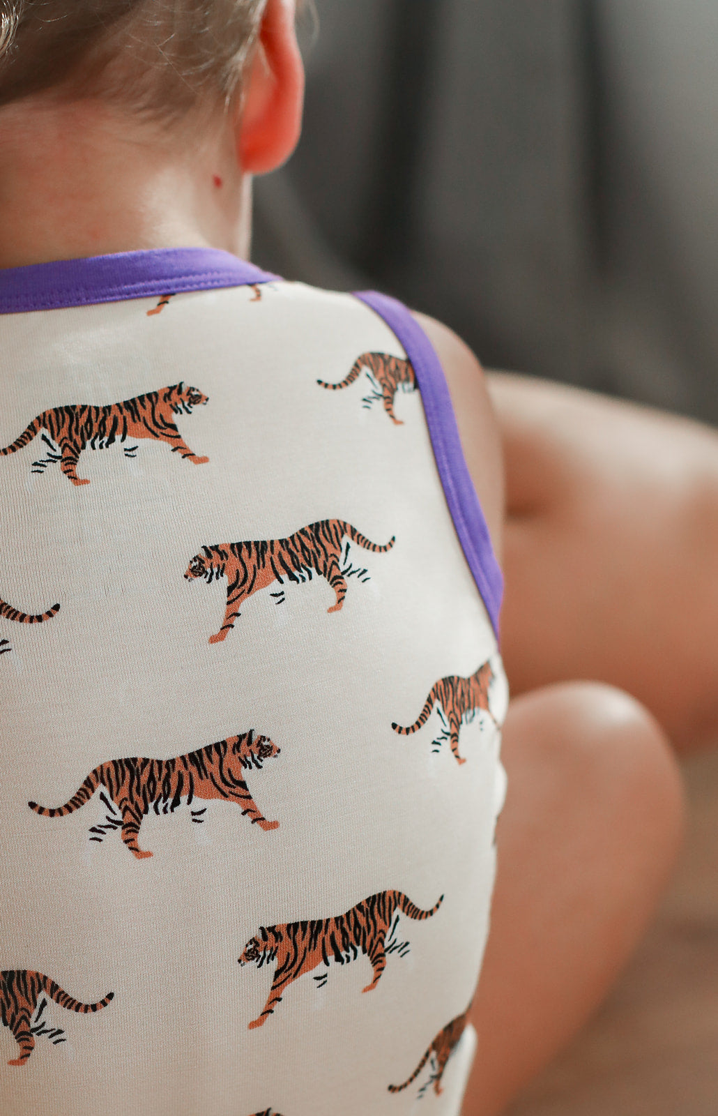 Purple Tiger Bamboo Henley Onesie with Snaps