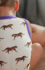 Load image into Gallery viewer, Purple Tiger Bamboo Henley Onesie with Snaps
