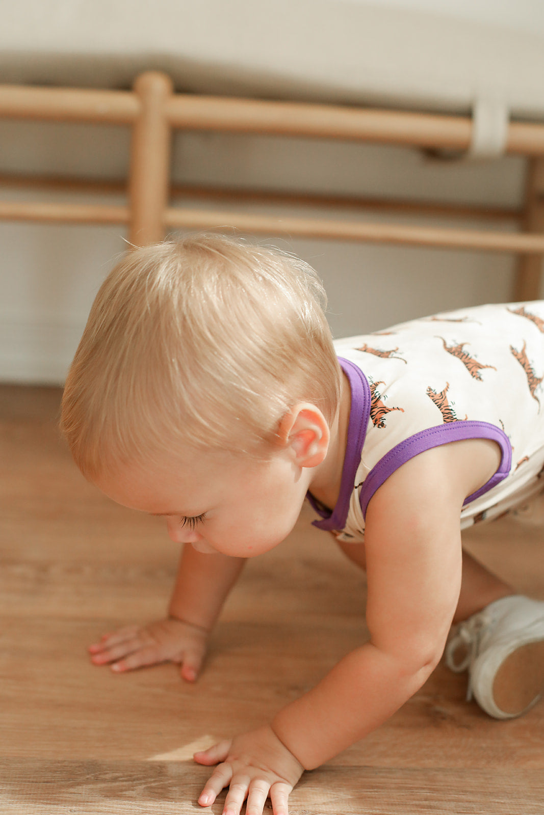 Purple Tiger Bamboo Henley Onesie with Snaps