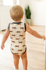 Load image into Gallery viewer, Navy Tiger Bamboo Henley Onesie with Snaps
